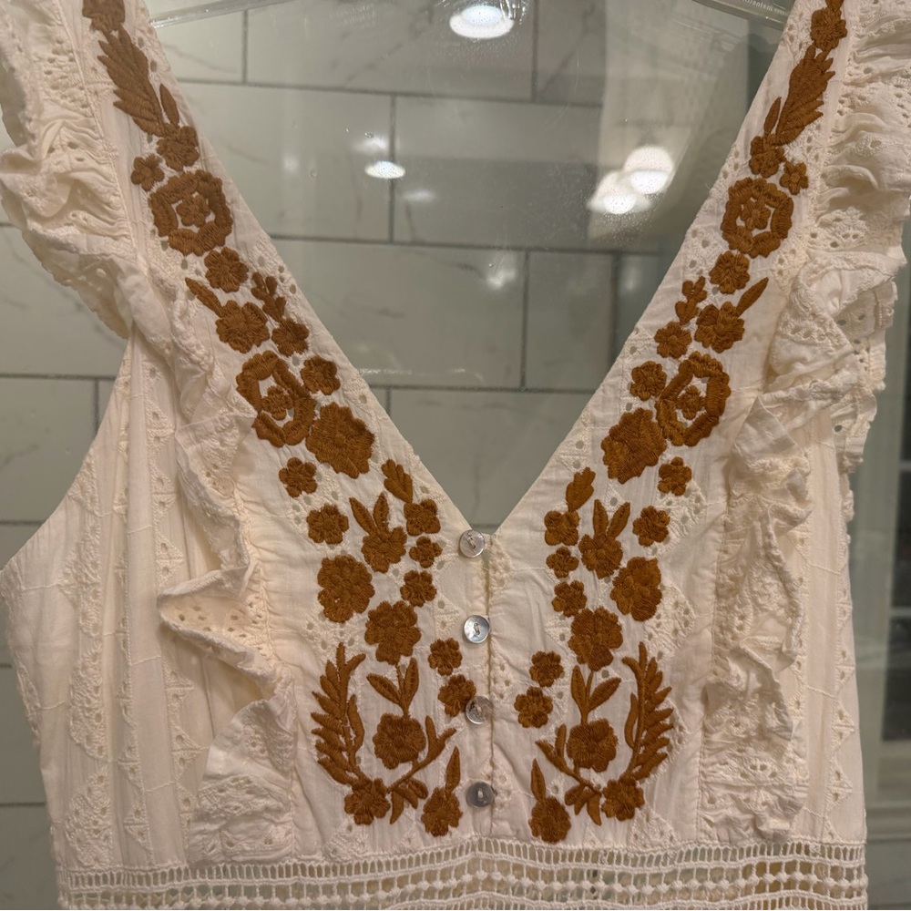 Anthropologie Boho Eyelet V-Neck Maxi Dress with Embroidered Detail - Ivory - L - Picture 4 of 5